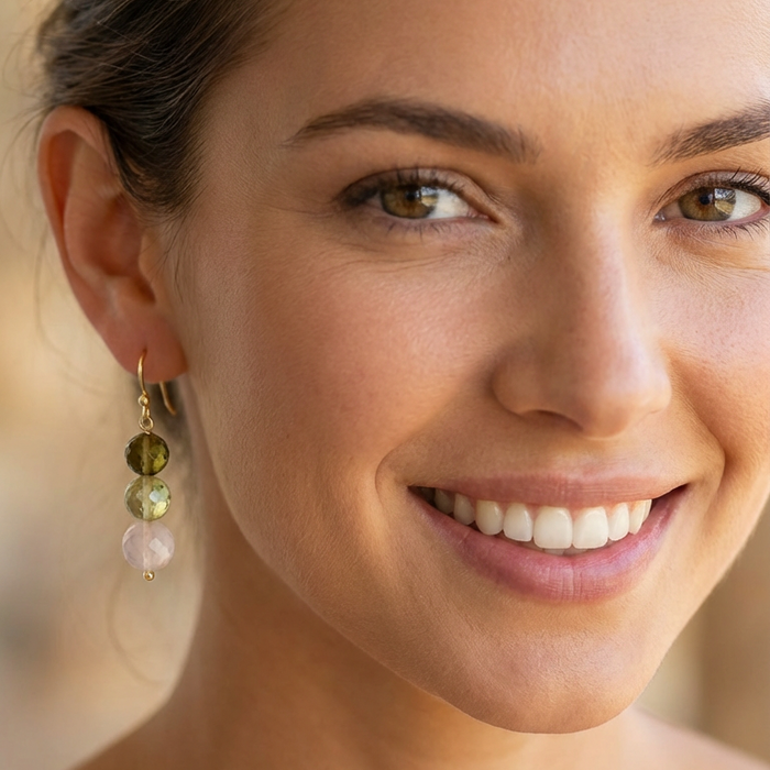Genova Rose Quartz, Lemon and Beer Quartz Gold Filled Earrings