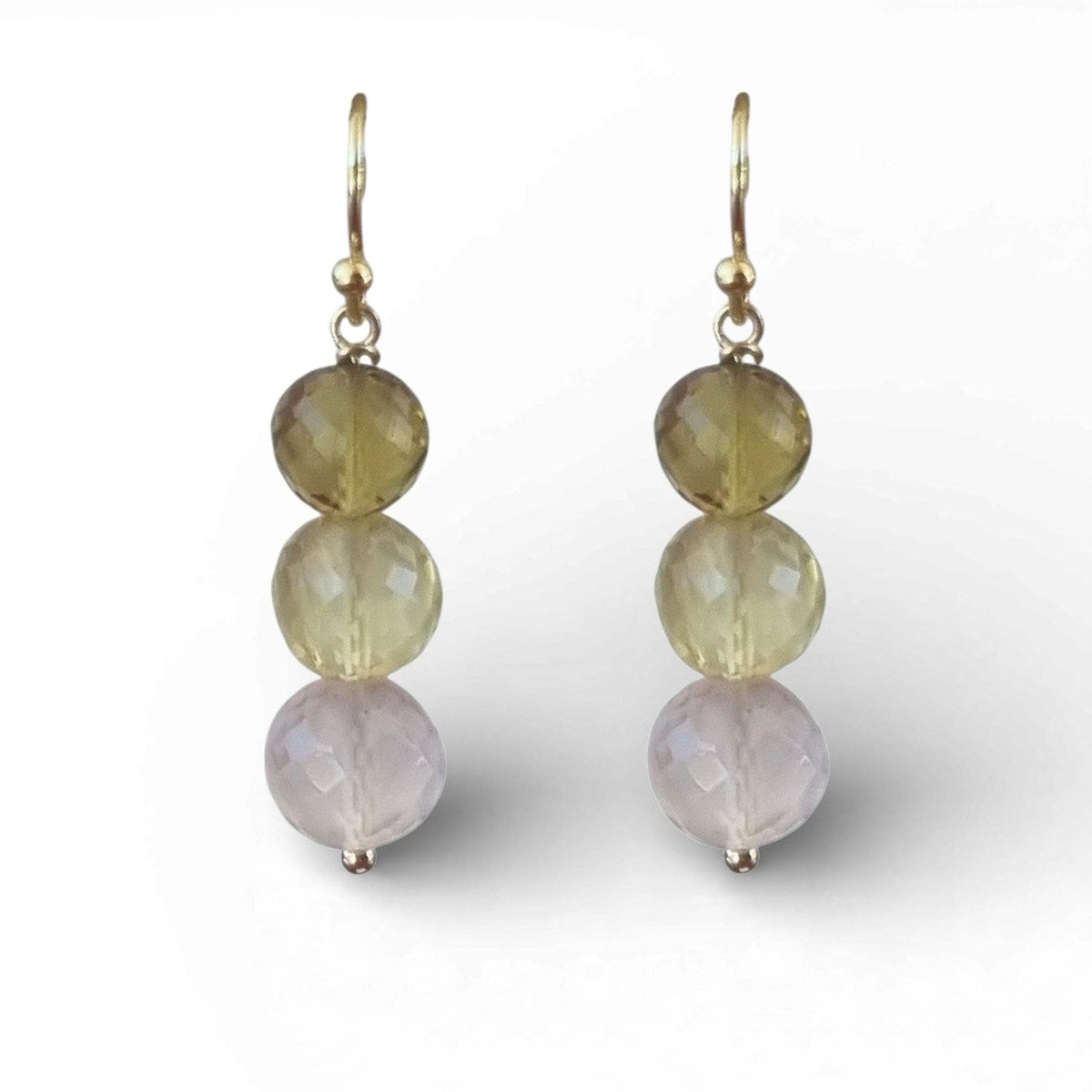 Genova Rose Quartz, Lemon and Beer Quartz Gold Filled Earrings
