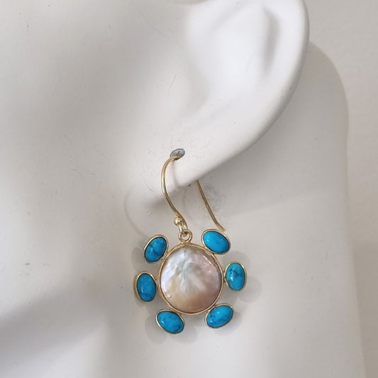 Gold Turquoise Sunburst Pearl Drop Earring