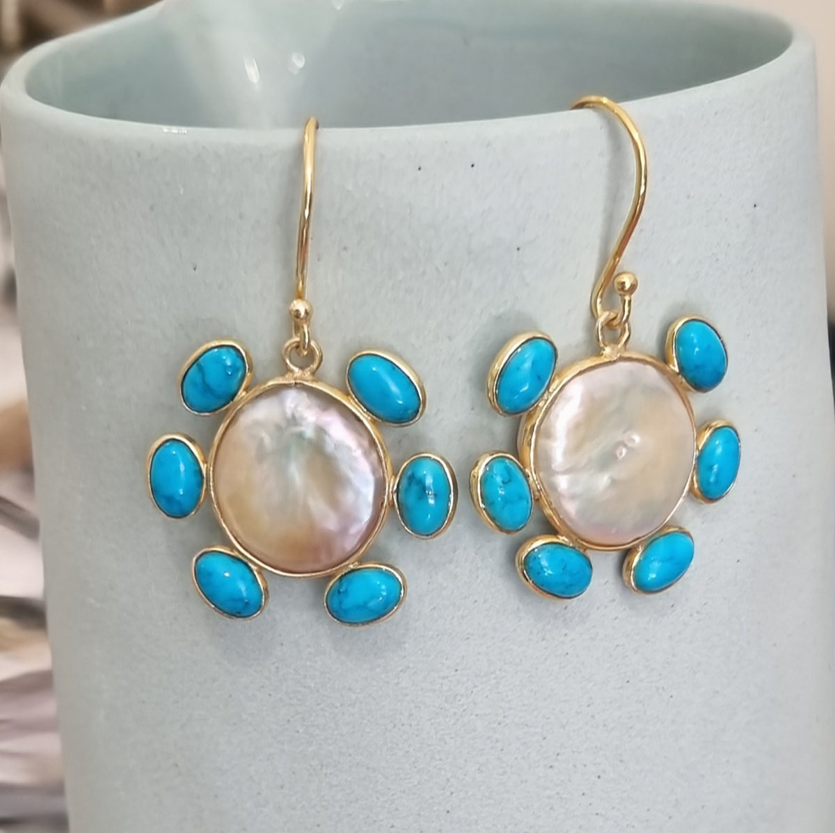 Gold Turquoise Sunburst Pearl Drop Earring
