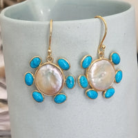 Gold Turquoise Sunburst Pearl Drop Earring