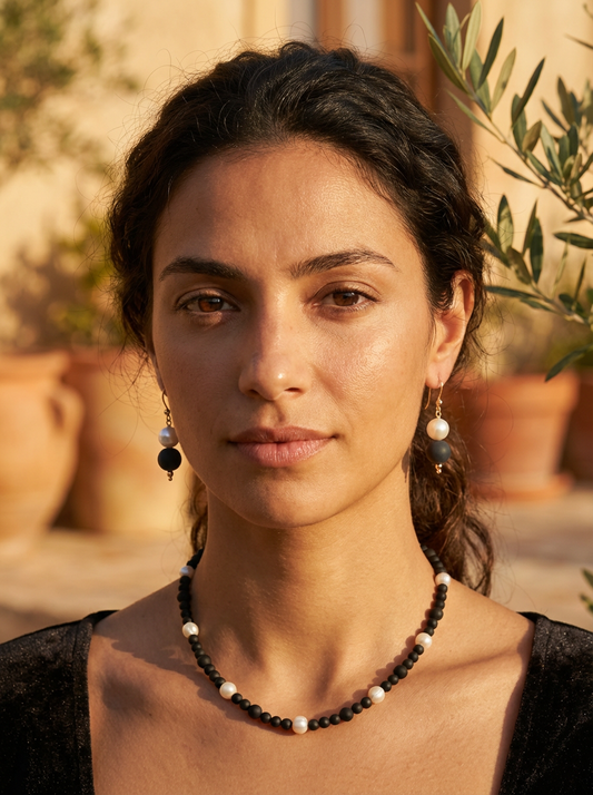 Holly Matte Onyx and Freshwater Pearl Earrings