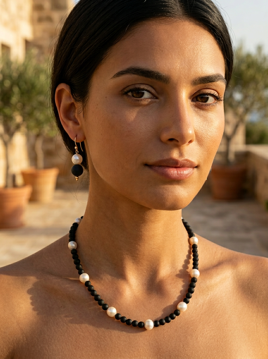 Holly Matte Onyx and Freshwater Pearl Earrings and necklace