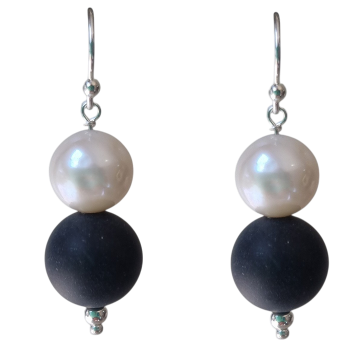 Holly Matte Onyx and Freshwater Pearl Earrings