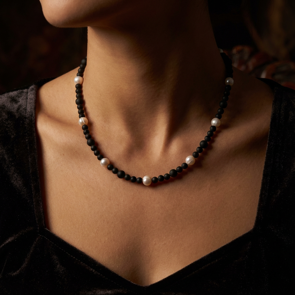 Holly Matte Onyx and Freshwater Pearl Necklace