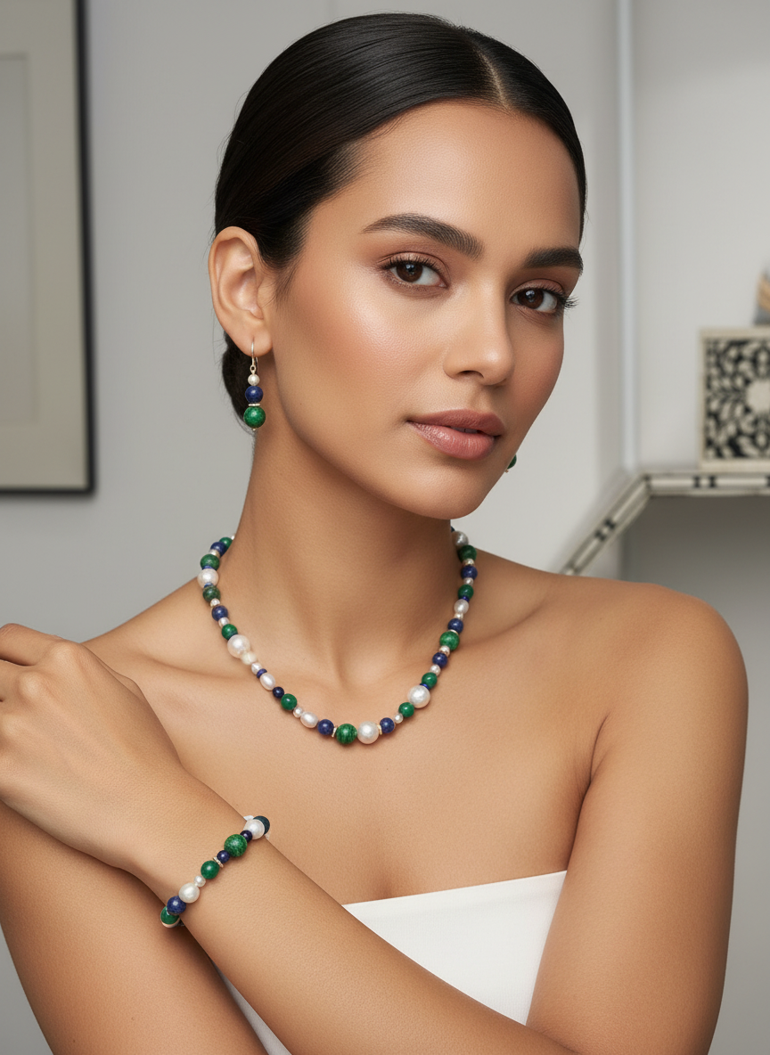 Izabella Lapis Lazuli, Pearl & Jasper necklace bracelet and earrings