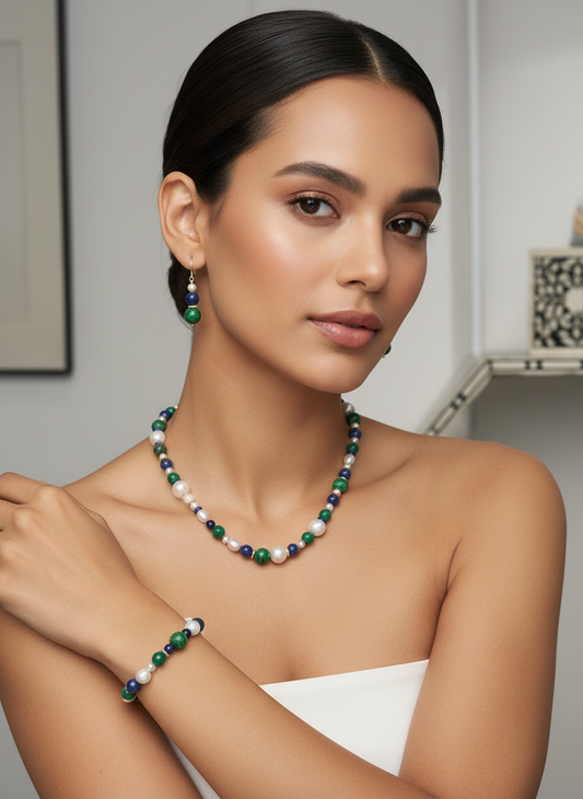 Izabella Lapis Lazuli, Pearl & Jasper necklace bracelet and earrings