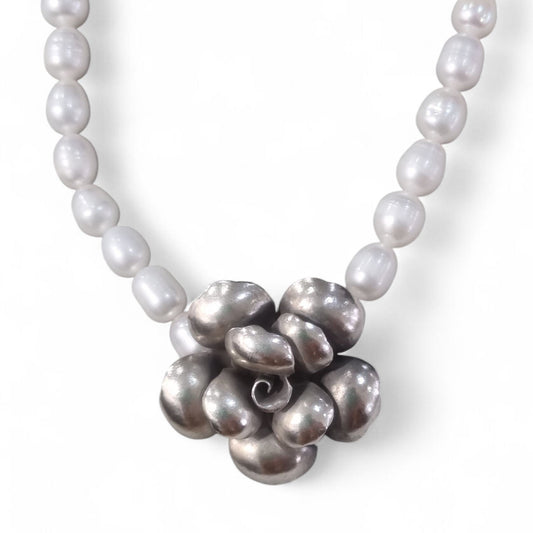 Karen Hill tribe Silver flower pendant on Freshwater Pearl Necklace