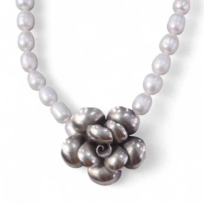 Karen Hill tribe Silver flower pendant on Freshwater Pearl Necklace
