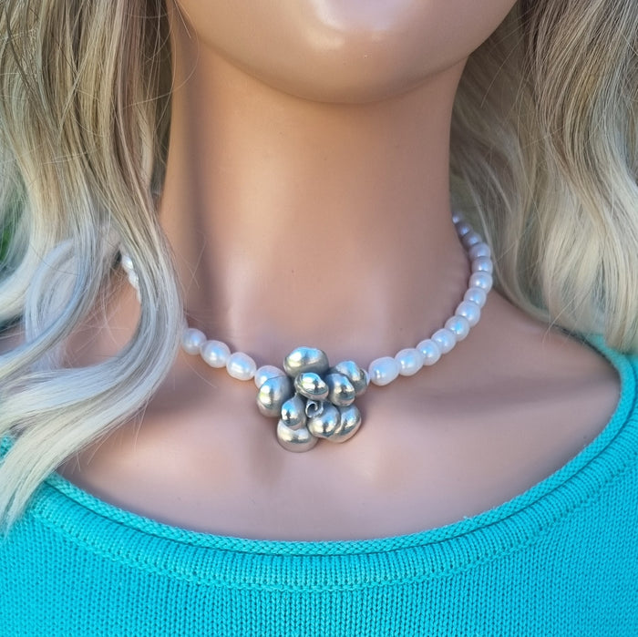 Karen Hill tribe Silver flower pendant on Freshwater Pearl Necklace