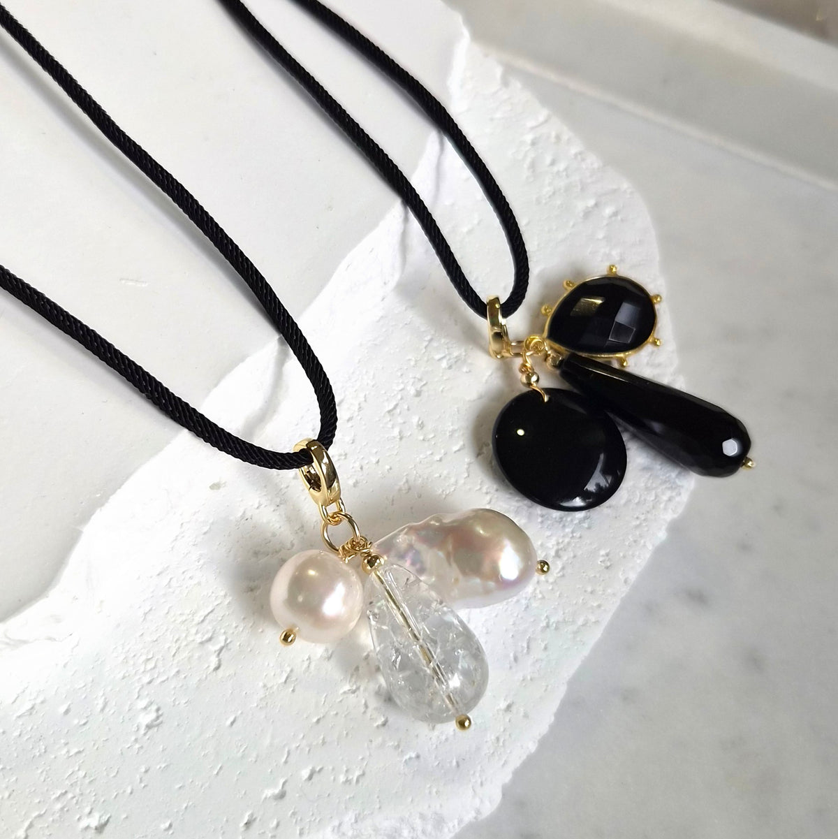 La Petite Adjustable Sliding Cord necklaces-Black onyx or Clear quartz and pearl