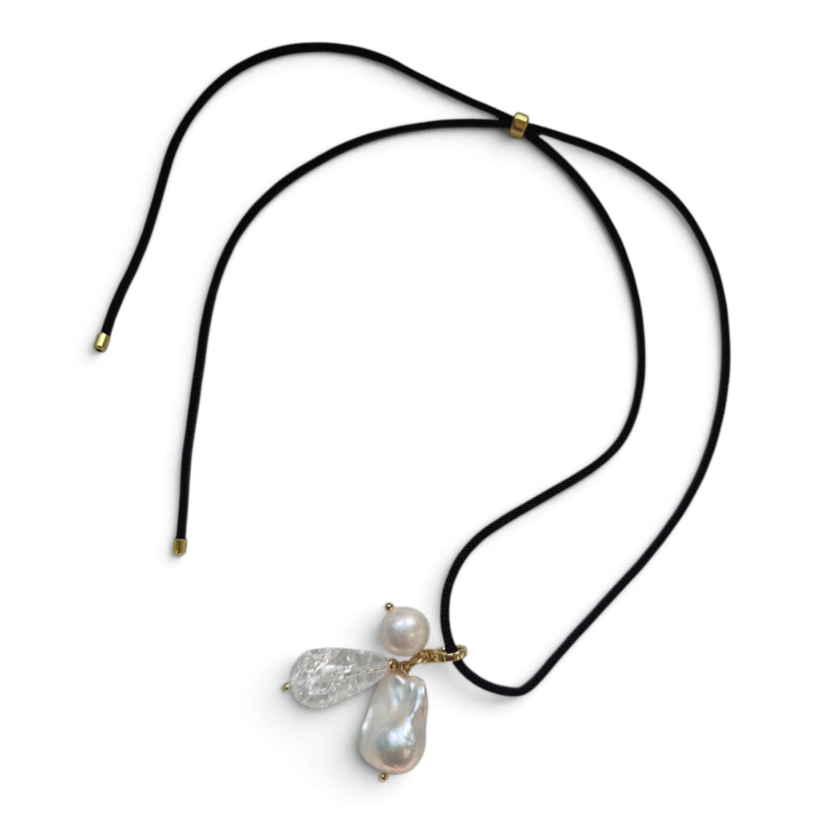 La Petite Adjustable Sliding Cord necklaces-Black Clear quartz and pearl