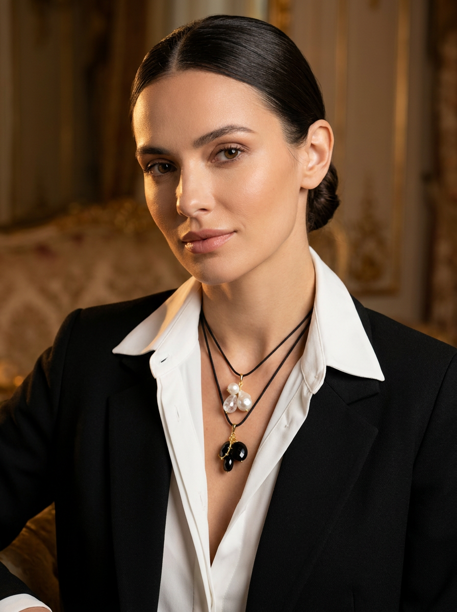 La Petite Adjustable Sliding Cord necklaces-Black onyx or Clear quartz and pearl