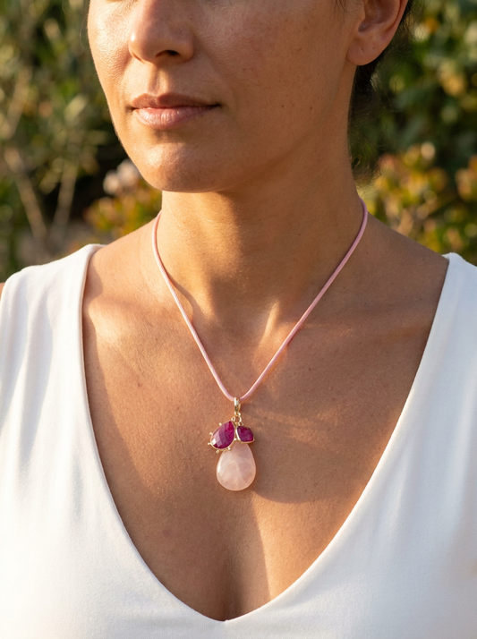 La Petite Adjustable Sliding Cord necklaces pink ruby and rose quartz