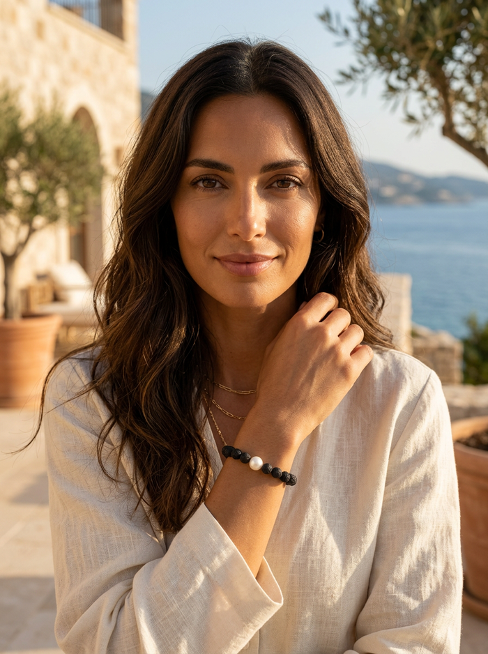 Lava and Freshwater Pearl Elastic Bracelet