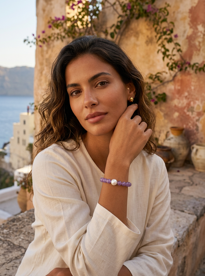 Lavender Amethyst and Freshwater Pearl Elastic Bracelet
