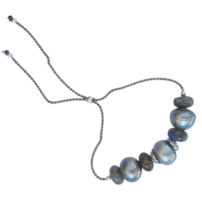Leyla Sterling Silver Labradorite Grey Freshwater Pearl adjustable stacking bracelet