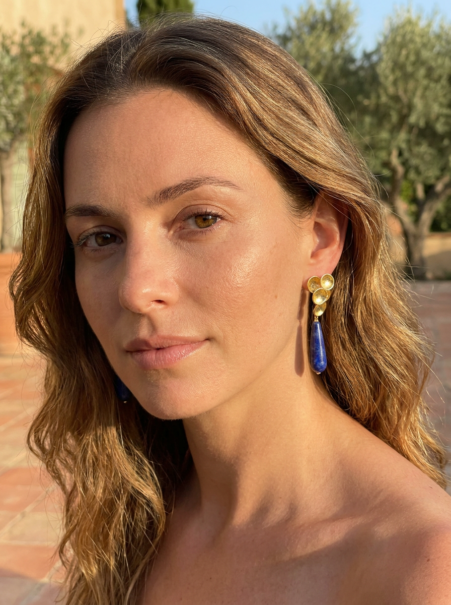 Lily Pad Stud Earrings with Lapis Lazuli Gold or Silver