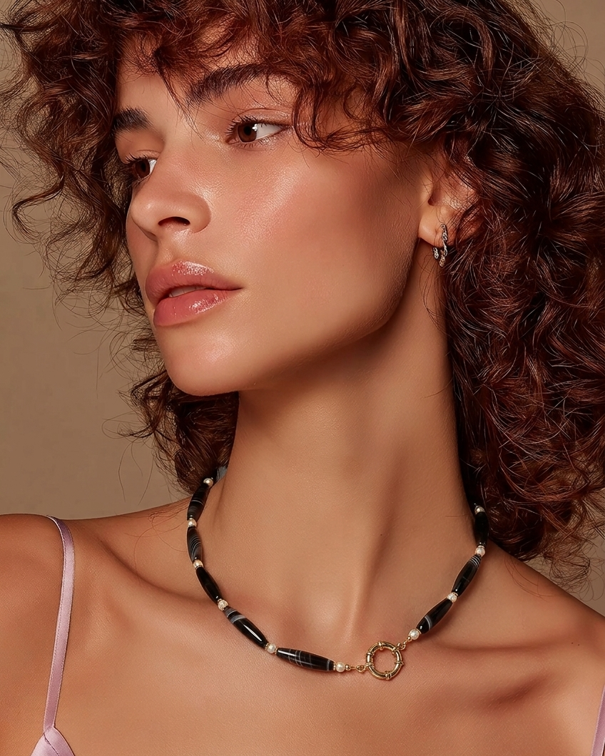 Lucerna Banded Agate and Pearl Necklace with detatchable pendant