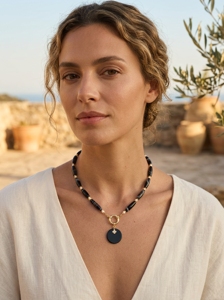 Lucerna Banded Agate and Pearl Necklace with detatchable pendant