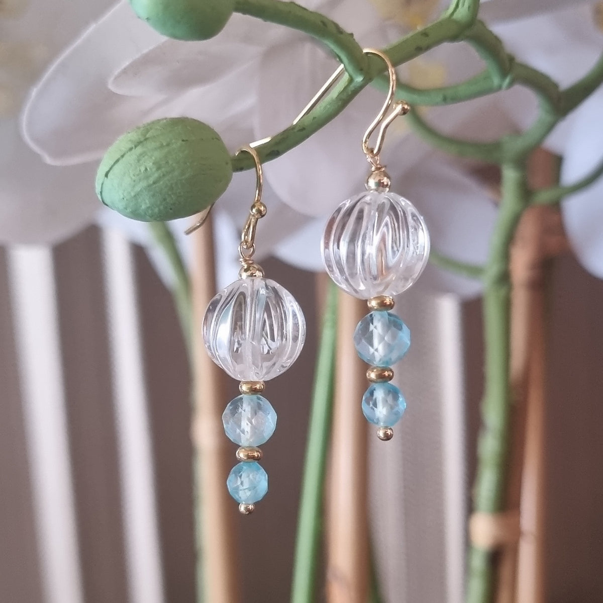 Lumiere Carved Clear Quartz and Blue Topaz Earrings
