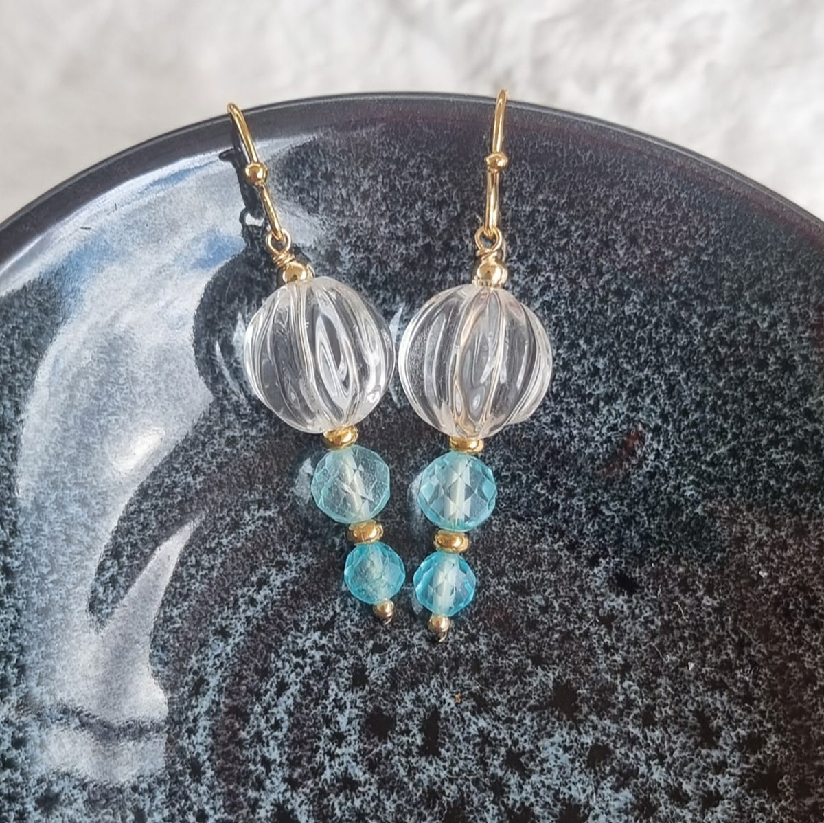 Lumiere Carved Clear Quartz and Blue Topaz Earrings