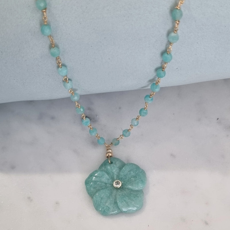 Luna hand carved Amazonite Flower pendant necklace
