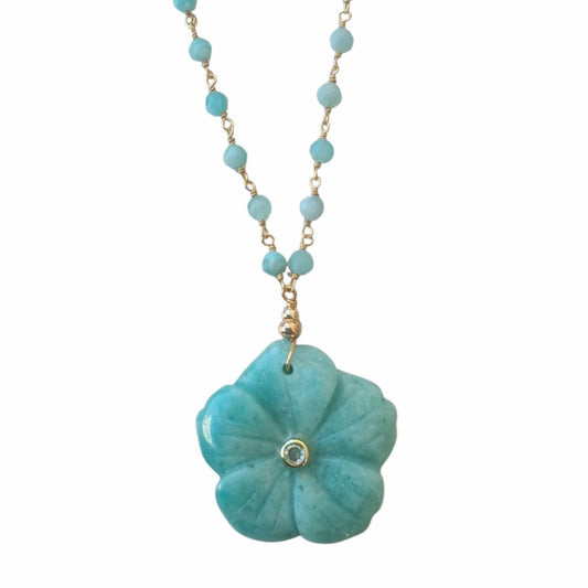 Luna hand carved Amazonite Flower pendant necklace