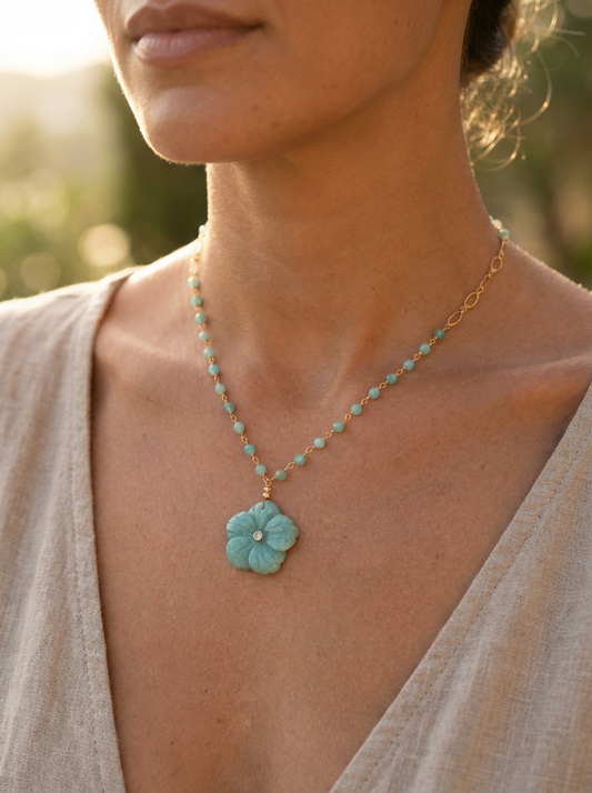 Luna hand carved Amazonite Flower pendant necklace