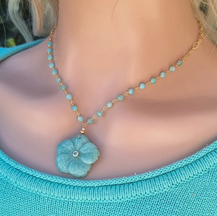 Luna hand carved Amazonite Flower pendant necklace