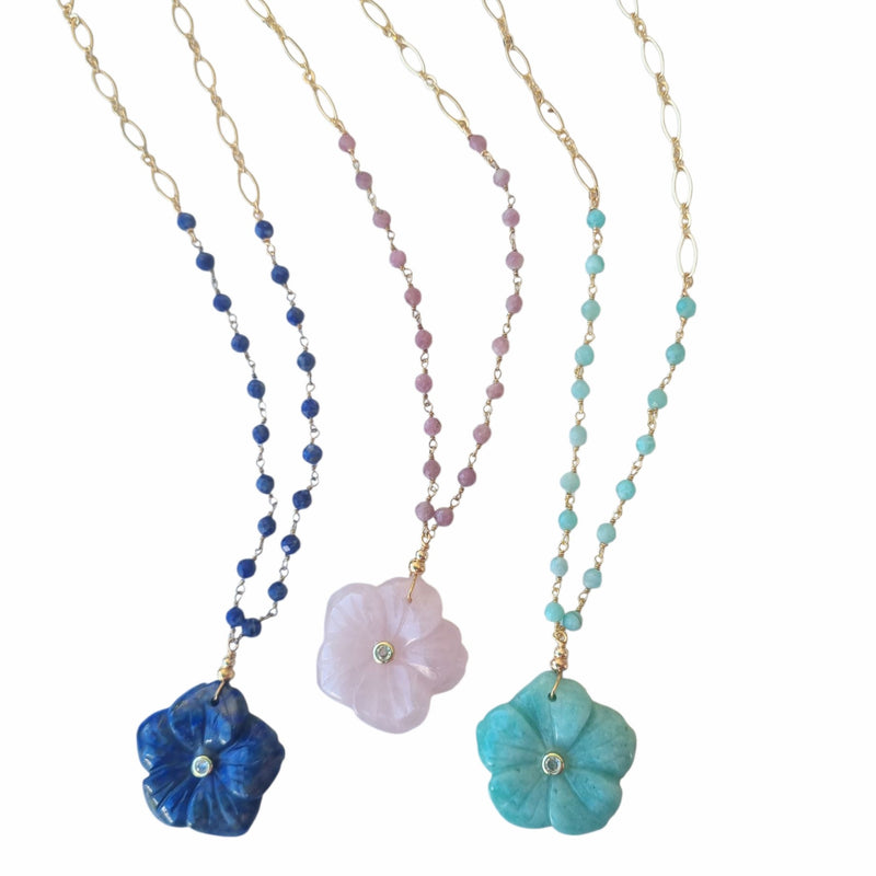 Luna hand carved Amazonite Flower pendant necklace