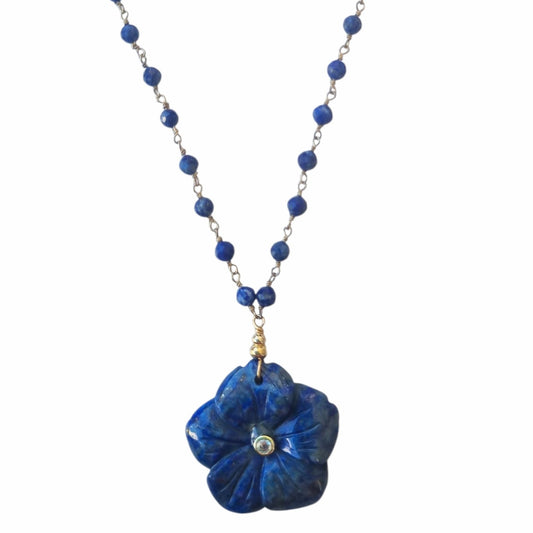 Luna hand carved Lapis Lazuli Flower pendant necklace