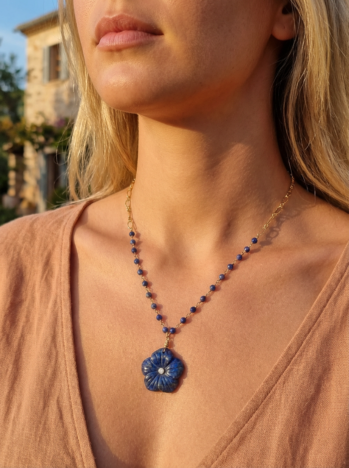 Luna hand carved Lapis Lazuli Flower pendant necklace