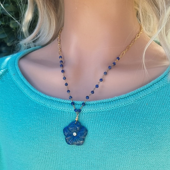 Luna hand carved Lapis Lazuli Flower pendant necklace