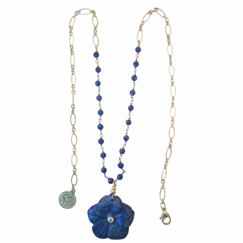 Luna hand carved Lapis Lazuli Flower pendant necklace