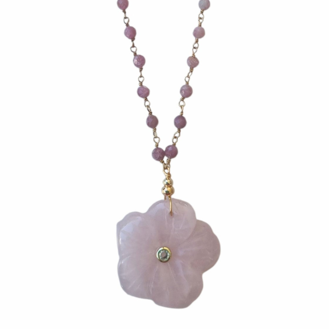 Luna hand carved Rose Quartz Flower pendant with Pink Tourmaline Chain necklace