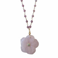 Luna hand carved Rose Quartz Flower pendant with Pink Tourmaline Chain necklace