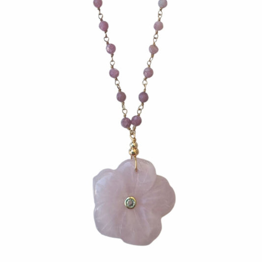 Luna hand carved Rose Quartz Flower pendant with Pink Tourmaline Chain necklace