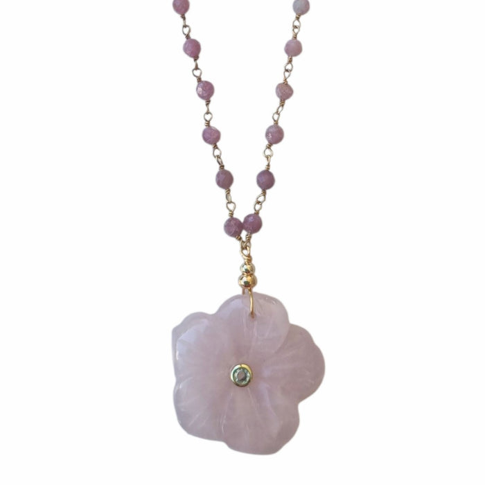 Luna hand carved Rose Quartz Flower pendant with Pink Tourmaline Chain necklace