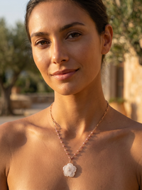Luna hand carved Rose Quartz Flower pendant with Pink Tourmaline Chain necklace