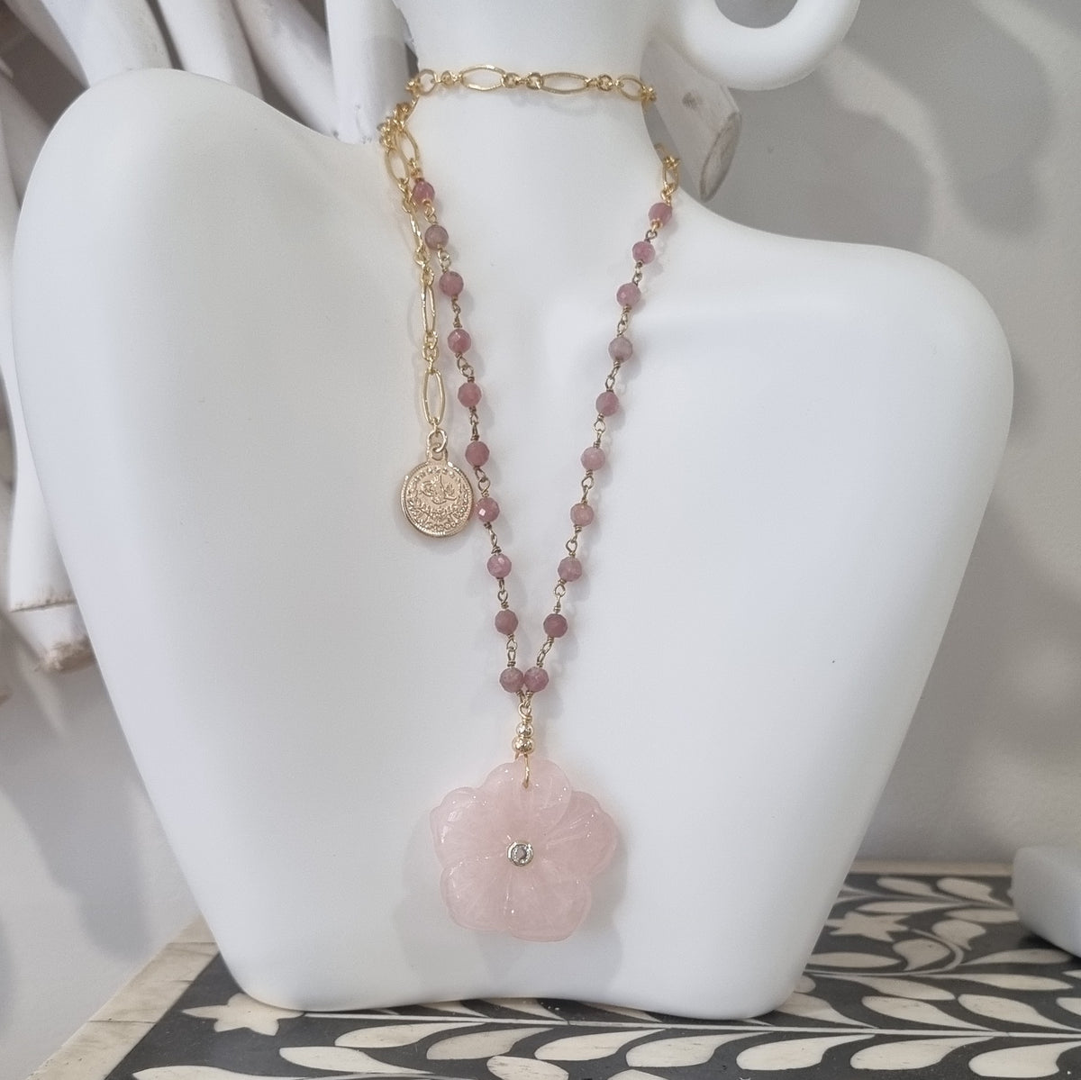 Luna hand carved Rose Quartz Flower pendant with Pink Tourmaline Chain necklace