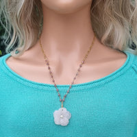 Luna hand carved Rose Quartz Flower pendant with Pink Tourmaline Chain necklace