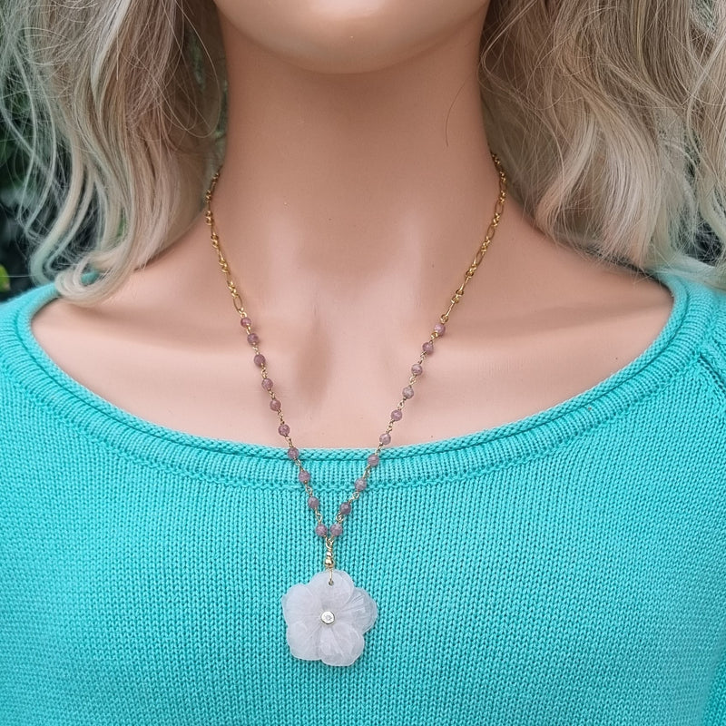 Luna hand carved Rose Quartz Flower pendant with Pink Tourmaline Chain necklace