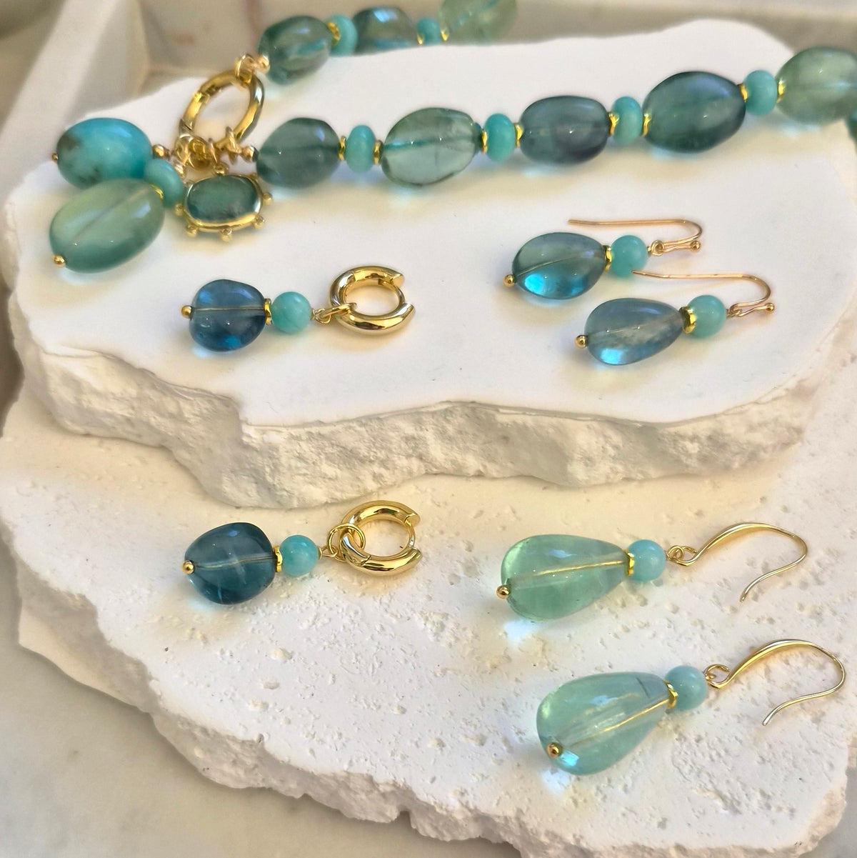 Marea Blue Fluorite and Amazonite Earring with necklace and pendants