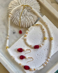 Marevia Red Coral and Shell Necklace, Bracelet and Earrings