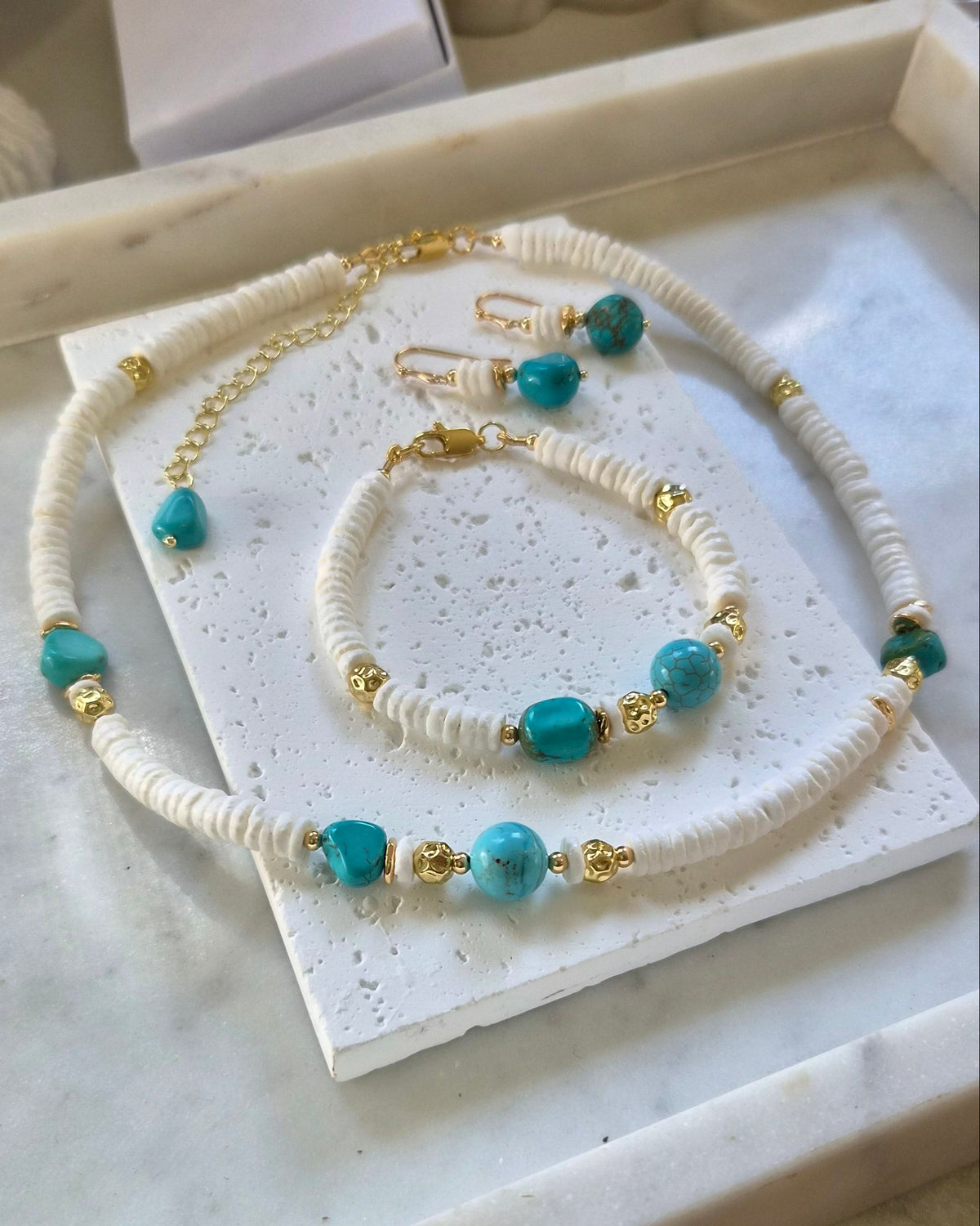 Marevia Turquoise and Shell Necklace, Bracelet and Earrings