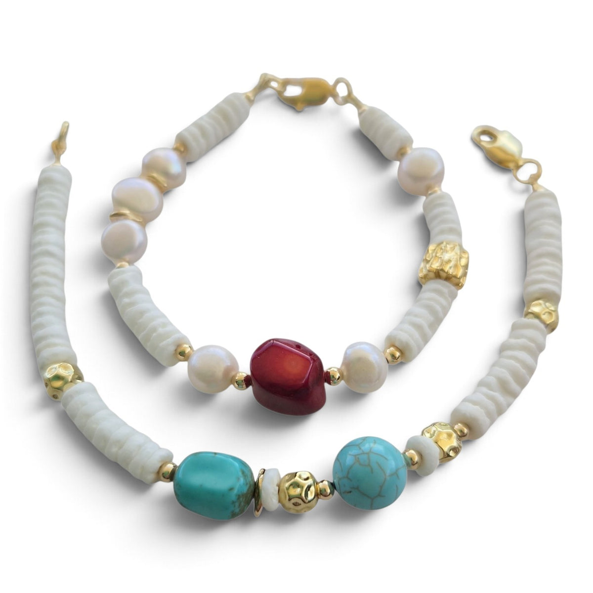 Marevia Turquoise or Red Coral and Shell Bracelets