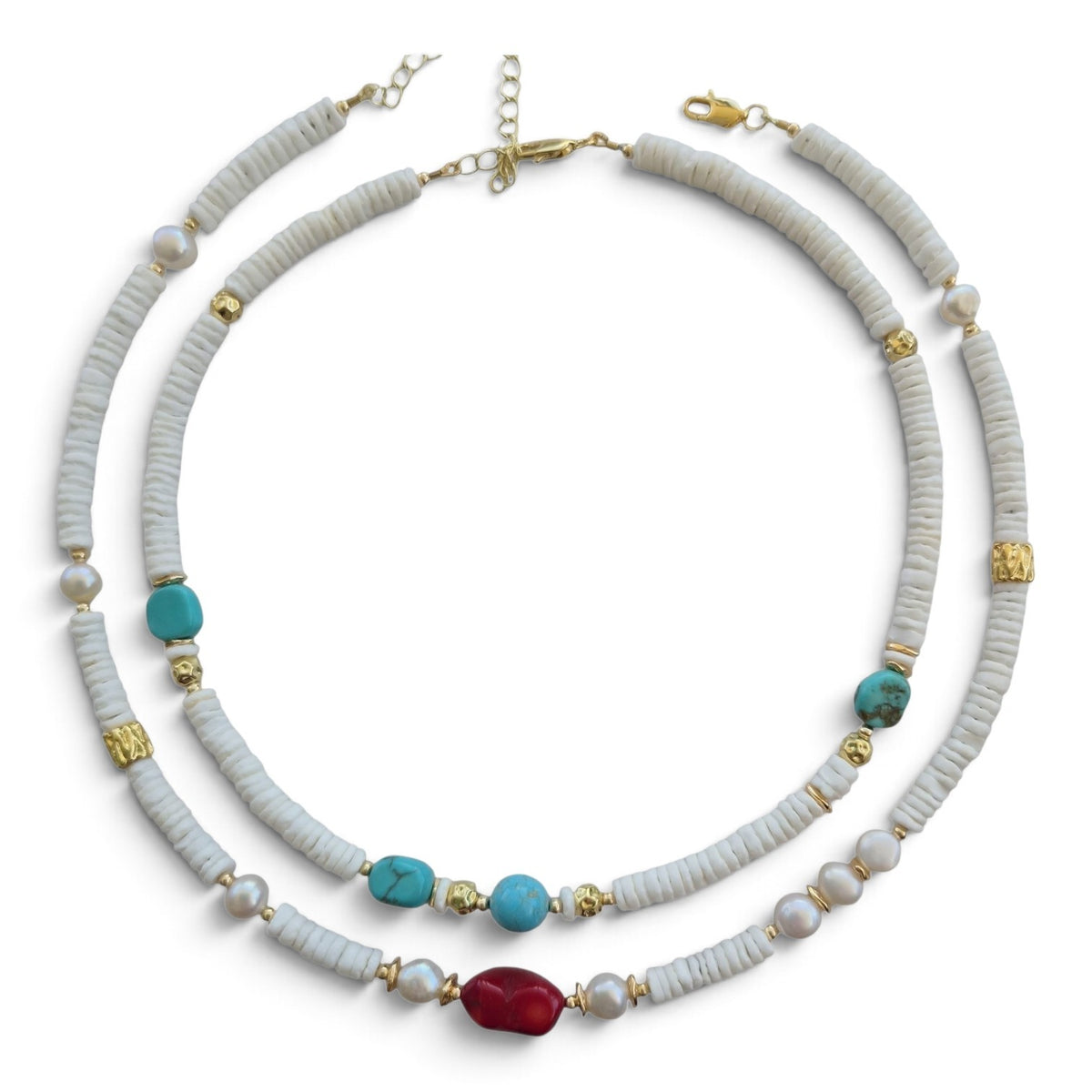 Marevia Turquoise or Red Coral and Shell Necklaces