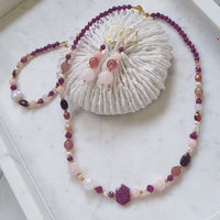 Mariposa Earrings, Bracelet and necklace Pink-Rose Quartz, Strawberry Quartz, Morganite and Ruby