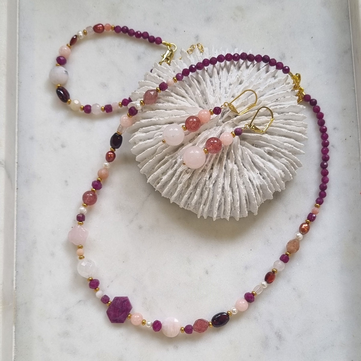 Mariposa Earrings, Bracelet and necklace Pink-Rose Quartz, Strawberry Quartz, Morganite and Ruby